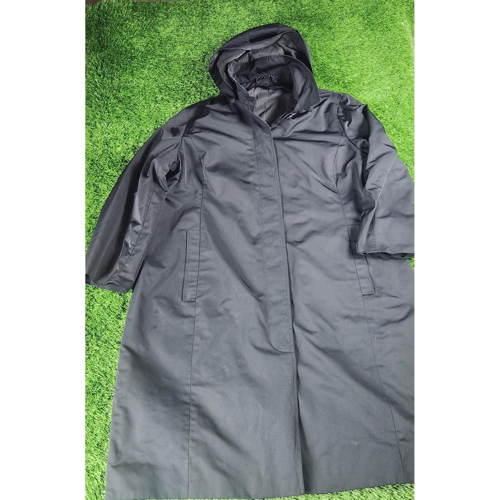 American Airlines Coat Womens 16P Black Long Hooded Rain Trench Zip Lined